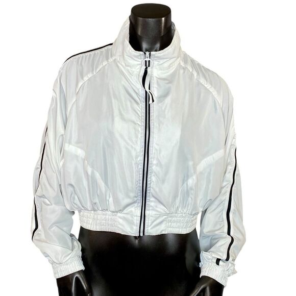 Love Tree Cropped Windbreaker Jacket Full Zip Women SZ Medium White Black Stripe - Picture 1 of 6